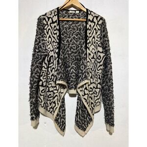 Cato Womens XL Abstract Geometric Open Front Cardigan Black Cream Eyelash Knit